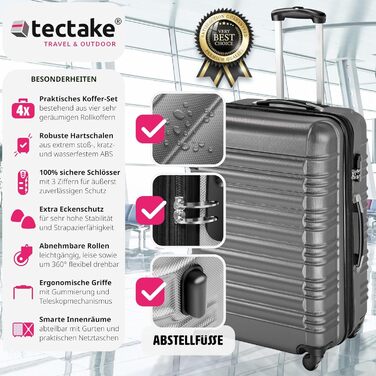Набір валіз із 4 предметів Tectake ABS на 4 колесах, сріблястий, жорсткий корпус, для подорожей