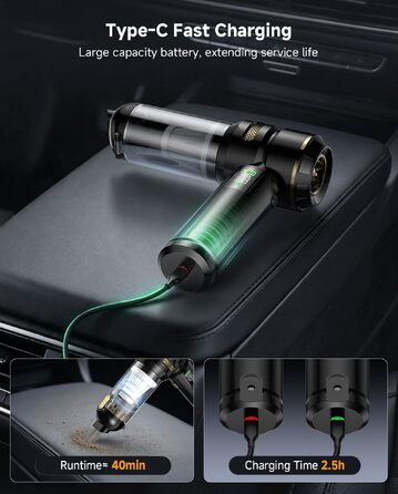 Акумуляторний ручний пилосос для автомобіля 26kPa з LED-дисплеєм, потужний портативний автопилосос, чорний