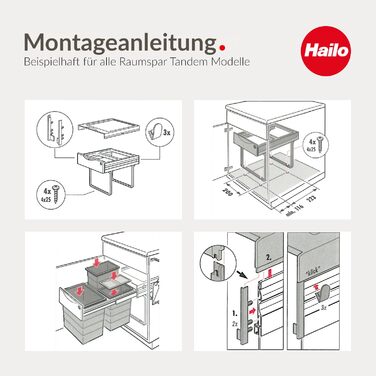 Контейнер для сміття Hailo 3641500 Raumspar-Tandem 2x18 л, для шаф від 40 см, роздільне сортування, монтаж на підлогу, пластик світло-сірий