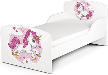 Дерев'яне ліжко Leomark Lovely Unicorn для дітей з матрацом, бортиками та ламелями, 70/140 см, з УФ-друком