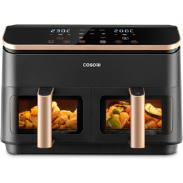 Фритюрниця з двома камерами Cosori AirFryer 8,5 л, 6-в-1, подвійна зона, з оглядовим вікном, енергозберігаюча, 50 рецептів, золота