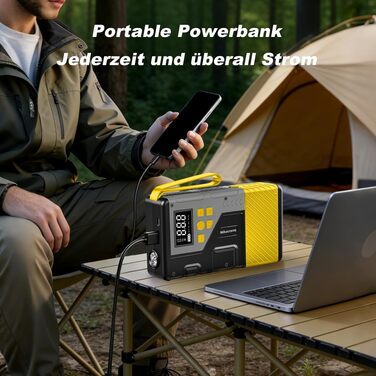 Пусковий пристрій Powerbank Jump Starter з компресором для шин 3000A, 150 PSI, LCD-дисплеєм та LED-ліхтарем (Жовтий)