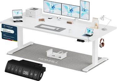 Регульований стіл Homall 200x80 см з USB-портом, електропривод, органайзер для кабелів, пам'ять положень, білий комп'ютерний стіл