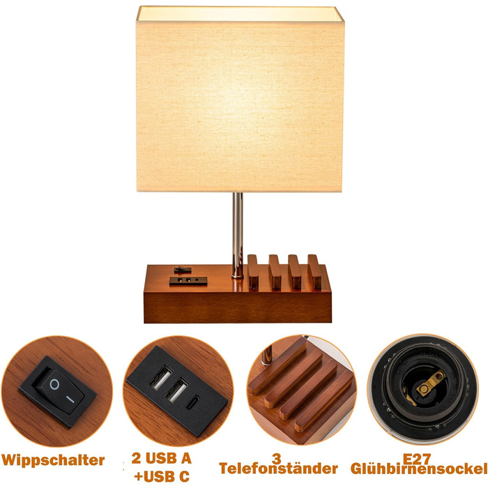Настільна лампа Dreamholder з 3 USB (A+C) портами, підставкою для телефону, для спальні, вітальні, офісу, з натуральним дерев'яним цоколем та тканинним абажуром (цоколь з горіхового дерева)
