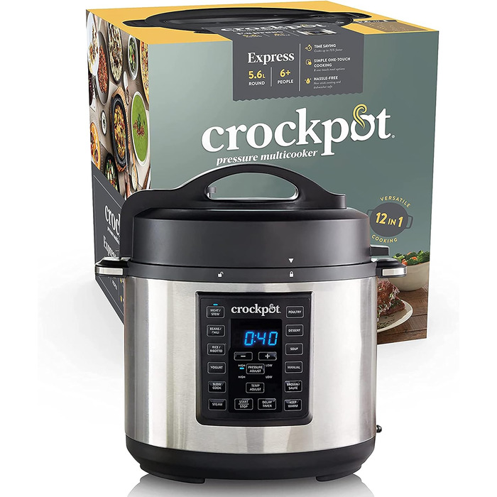 Мультиварка Crockpot Express 12-в-1, програмована, 5,6 л, з функціями повільного приготування, пароварки та смаження, для 6–7 осіб, нержавіюча сталь