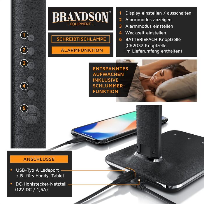 Настільна лампа Brandson LED з димером, 3 кольори світла, 5 рівнів яскравості, USB зарядка, шкіряний дизайн, захист для очей, денне світло