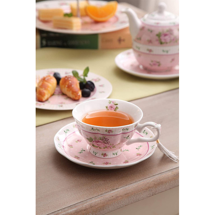 Чашка та блюдце з порцеляни Shabby Chic Vintage з птахом, метеликом і квітами у подарунковій коробці (рожевий колір)