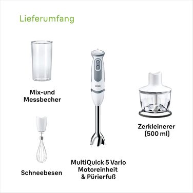 Блендер Braun MultiQuick 5 Vario MQ5235WH, 1000 Вт, нержавіюча сталь, комплект насадок, білий/сірий, енергоефективний