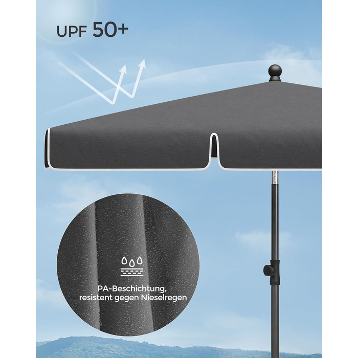 Парасолька від сонця SONGMICS 180 x 125 см для балкона та тераси, захист UPF 50+, регульована висота та нахил 30°, сіра, без стійки, GPU180G01