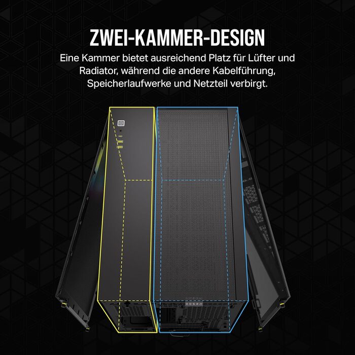 Корпус для ПК CORSAIR iCUE Link 2500X RGB, загартоване скло, mATX, Mid-Tower, подвійна камера, 2 вентилятори RX120 RGB у комплекті, широка сумісність з охолодженням, плата з реверсивним підключенням