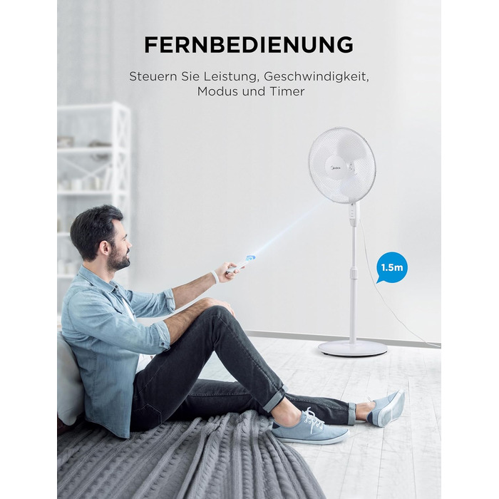 Вентилятор підлоговий Midea FS40-16JRA, 40 Вт, пульт, 3 швидкості, низький рівень шуму (55-65 дБ)