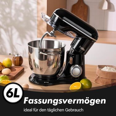 Кухонний комбайн Kitchen in the box Fab-Serie, потужний планетарний міксер 1300 Вт, 10 швидкостей, чаша 6 л, чорний (з гаком, вінчиком та мішалкою)