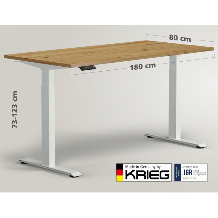 Електричний підйомний стіл KRIEG HighDesk Basic: регульований стіл для роботи сидячи та стоячи (180 x 80 см, білий + дуб)