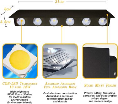 Світильник настінний LED BELLALICHT 12W, алюміній, IP54, тепле світло, чорний, для вітальні, спальні, коридору, сходів