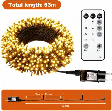 Світлодіодна гірлянда для ялинки та вулиці 50м, 500 LED, теплий білий колір, водонепроникна, з таймером та 8 режимами освітлення, зелений кабель
