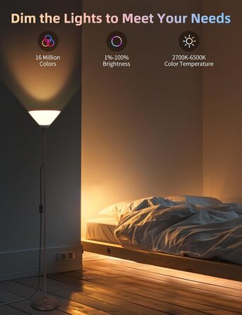 LED торшер Aigostar для вітальні та спальні, з Bluetooth Mesh G45 E27 6.5W лампою, димером, RGB та 2700K-6500K, з пультом, сумісний з Alexa