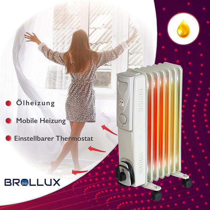 Електричний масляний радіатор BROLLUX 1500W, мобільний обігрівач з 7 секціями та термостатом