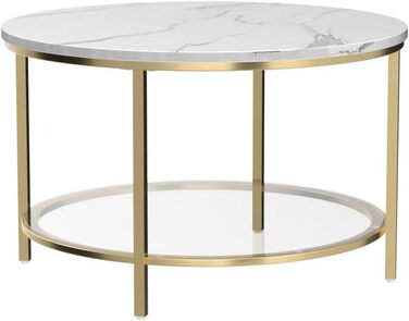 Журнальний стіл YITAHOME, круглий, 2-ярусний, 80x80x46 см, дерев'яний та скляний, з місцем для зберігання, білий і чорний, металевий каркас, для вітальні та спальні