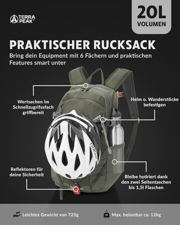 Рюкзак Terra Peak Flex 20L преміум, оливковий – туристичний рюкзак з вентиляцією спини, питною системою, дощовиком, 3D Air Mesh поліестер, поясом, для трекінгу та подорожей