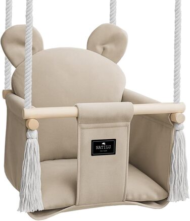 Дитяча гойдалка для дому та вулиці | Bär Light Beige Velvet | Гойдалка для малюків | Дерев'яна гойдалка для дітей | Гойдалка для дверного отвору
