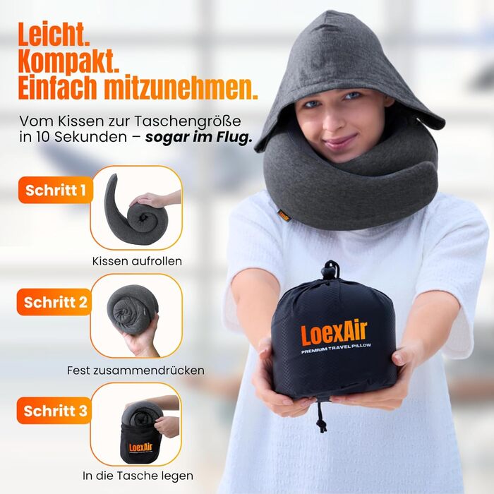 Подорожня подушка з капюшоном Hooded Pro з ефектом пам'яті для літака, авто та поїздок, бавовняна начіпка для сну, захист від світла, темно-сіра
