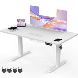 Регульований по висоті письмовий стіл Devoko 140x60 см, електричний комп'ютерний стіл для роботи сидячи та стоячи з USB-розеткою, LED-дисплеєм та пам'яттю на 2 режими, білий
