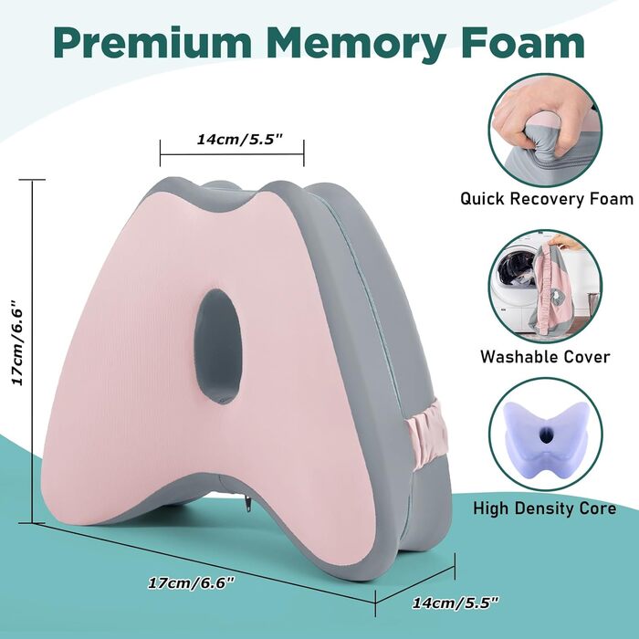 Ортопедична подушка для ніг Dioxide для сну на боці з ефектом пам'яті (Memory Foam) для зняття болю в попереку, колінах та суглобах, знімний чохол, рожева