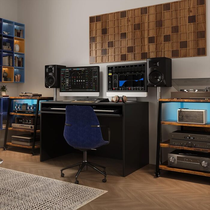 4-рівнева Hi-Fi стійка на колесах із розетками, LED-підсвіткою, регульованими полицями з дерева для аудіосистем, стерео та ТВ, 60x52x78 см