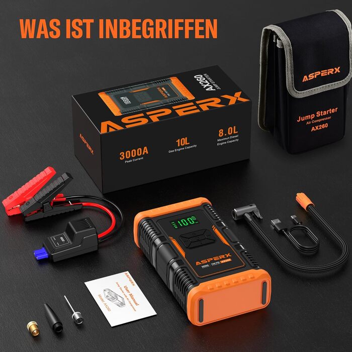 Бустерний пускач ASPERX 3000A з компресором 150 PSI, Powerbank для авто та мотоциклів 12V (до 10л бензин / 8л дизель), з LED-ліхтарем, чорно-помаранчевий