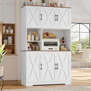 Кухонна шафа-буфет HOCSOK 106x180 см, біло-коричнева бічна тумба (sideboard) з 6 дверцятами, знімним тримачем для пляшок та келихів, шафа для продуктів у вітальню та їдальню