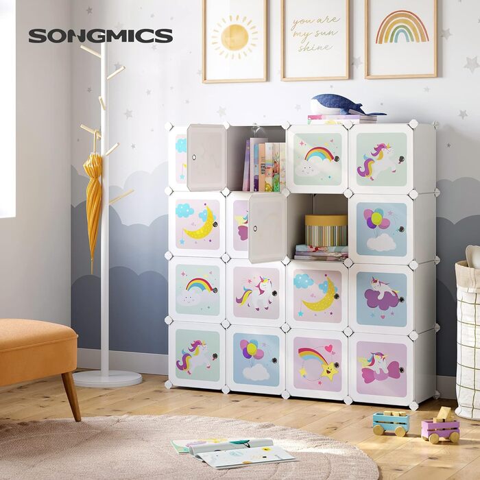Модульна шафа SONGMICS з 16 кубиків, біла, пластиковий дитячий органайзер для іграшок, одягу і взуття, 123x31x123 см, з дверцятами