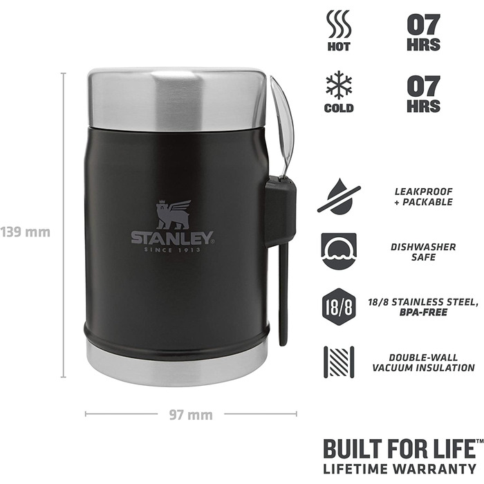 Термос для їжі Stanley Classic Legendary 400 мл з ложкою-виделкою, нержавіюча сталь, тримає тепло/холод 7 годин, BPA-free, чорний матовий, для їжі, для обіду, термобокс, придатний для миття в посудомийці
