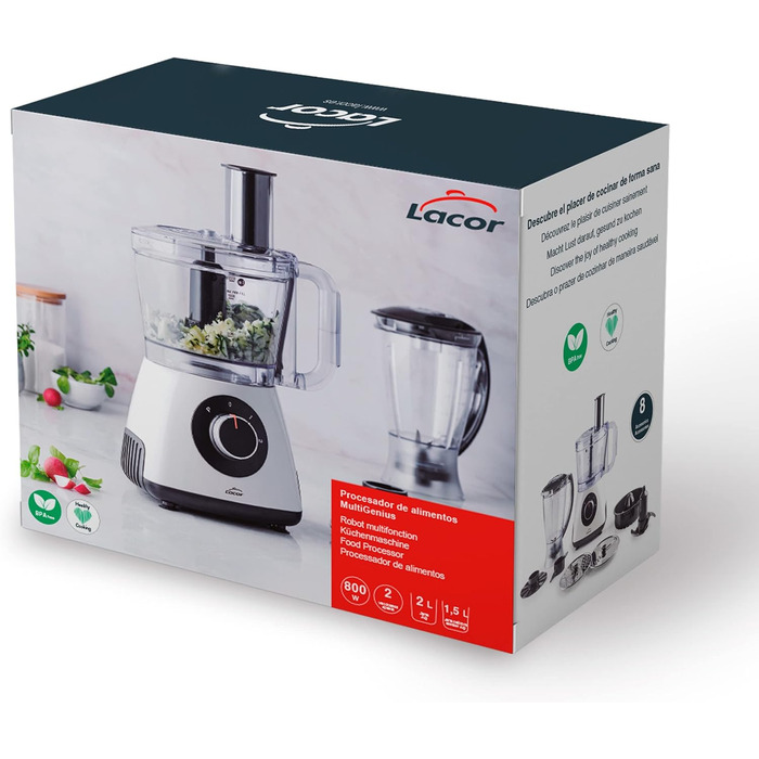 Кухонна машина Lacor MultiGenius 100% BPA-free, багатофункціональна, змінна швидкість, 8 насадок, захист, для посудомийки, біла