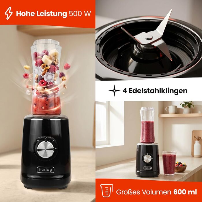 Блендер для смузі 500W Blend & Go, 600 мл, 2 швидкості, чорний - професійний блендер для коктейлів та протеїнових напоїв