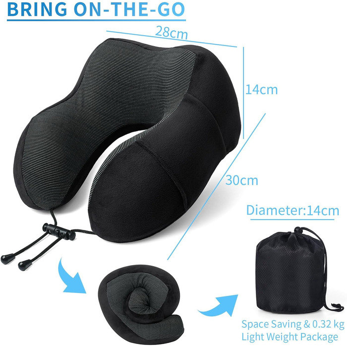 Дорожня подушка для шиї з піни Memory Foam з 3D маскою для сну та берушами, м'яка бавовняна U-подібна подушка для подорожей у літаку, авто, поїзді, офісі та кемпінгу (чорна)