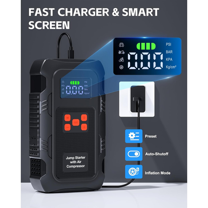 Пусковий інвертор Povasee 6000A з компресором 150 PSI та Powerbank, бустер для авто 12V з електричним насосом та ліхтариком (Помаранчевий/Чорний)