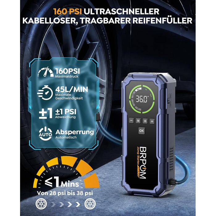 Пусковий пристрій BRPOM 9000A з компресором 160 PSI та Powerbank, фіолетовий