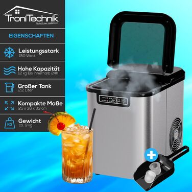 Льодогенератор TroniTechnik з нержавіючої сталі, 12 кг/24 год, 2,2 л, дві форми льоду, самочищення, сріблястий, просте керування