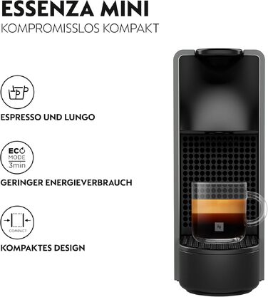 Кавомашина Nespresso Essenza Mini Krups сіра: капсульна, 19 бар, 0.6 л, енергозберігаюча, 1260 Вт