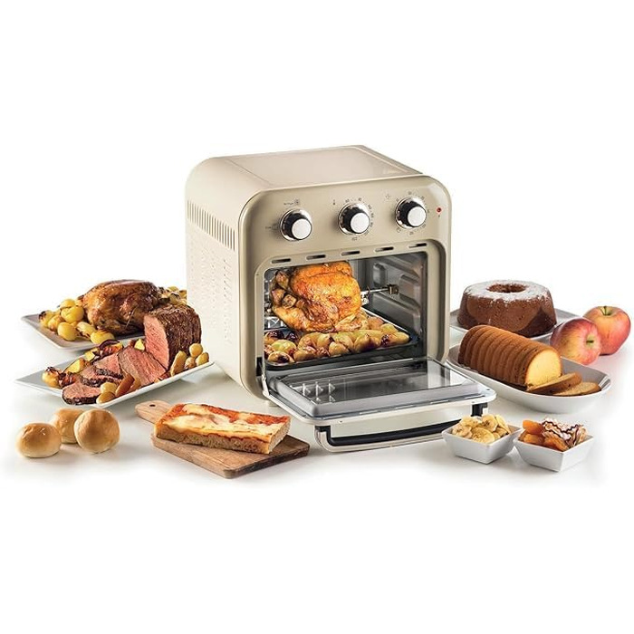 Аерофритюрниця та духовка 2-в-1 Ariete Vintage 4632, 16 л, з вертелом та кошиками з нержавіючої сталі, до 230°C, таймер 60 хв, 1400 Вт, бежевий