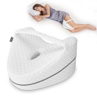 Ергономічна ортопедична подушка між колін з ефектом пам'яті (Memory Foam) для ніг, стегон та попереку, біла, зі стрічкою