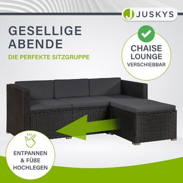 Садовий комплект меблів Juskys Polyrattan Punta Cana для 4-5 осіб: диван, крісло, пуф, стіл, подушки - чорний/сірий