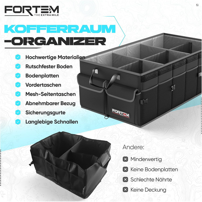 Органайзер у багажник автомобіля FORTEM Extra Large (85L) — складана сумка-контейнер з відділеннями, протиковзаючим дном та ременями фіксації, чорний