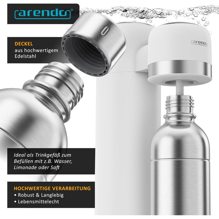 Сифон для газування води Arendo Soda Maker з двома пляшками (1000 мл BPA-free та 1000 мл нержавіюча сталь), сумісний з циліндрами CO2 60 л