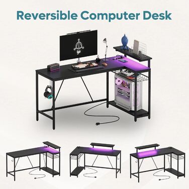 Ігровий стіл Bestier з LED-підсвіткою, кутовий, з 2 USB-портами та 3 розетками, з полицею та підставкою для монітора, великий для офісу та спальні, 147 x 80 см, чорний, з карбоновим покриттям