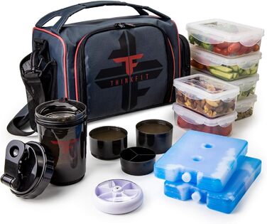 Ізотермічна ланчбокс з 6 контейнерами для їжі – BPA-Free, багаторазовий, підходить для мікрохвильової печі та морозильної камери – ланч-сумка з шейкером, органайзером для пігулок, плечовим ременем та охолоджувальними пакетами – червона сумка-холодильник