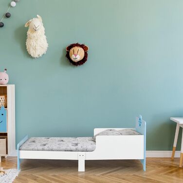 Дитяче ліжко Relaxdays з бортиками, 60x77x143 см, з ламелями, морська тематика, МДФ, синє/біле