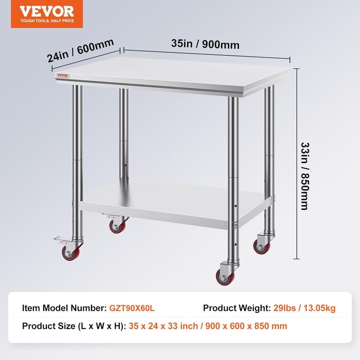Нержавійна кухонна стільниця VEVOR 90x60x85 см з 4 роликами, регулювання висоти, 136 кг, для приготування їжі, сріблястого кольору