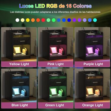 Сучасна приліжкова тумба Lvhecforhm чорна з LED підсвіткою, регульованими кольорами, 2 відкритими полицями, для спальні чи вітальні, 40x30x64 см