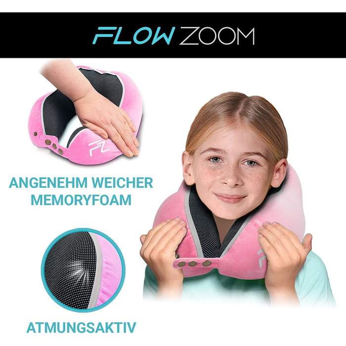 Дитяча подушка для шиї FLOWZOOM для авто, поїзда, літака, м'який чохол, рожева